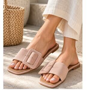 Seychelles Women’s 7.5 Pink Suede Buckle Slide Sandals Made Italy Square Toe